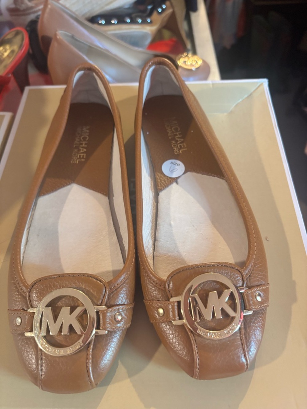 Michael Kors Cognac Leather MK Logo Ballet Flats